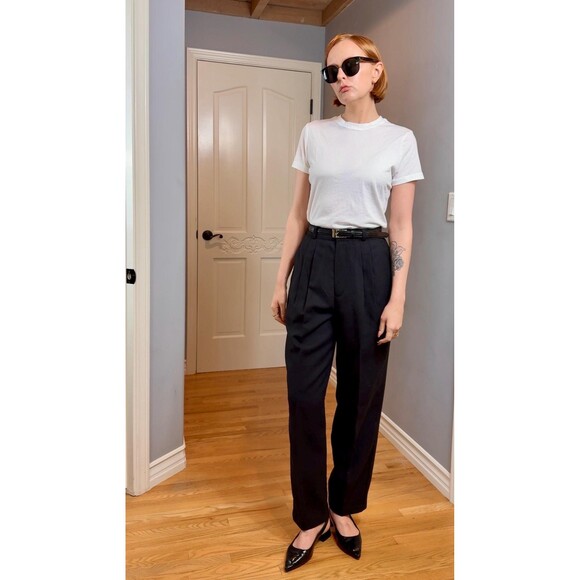 Vintage Briggs Black Double Pleated Tapered Belted Trousers Dress Pants Size 8 - Picture 1 of 10